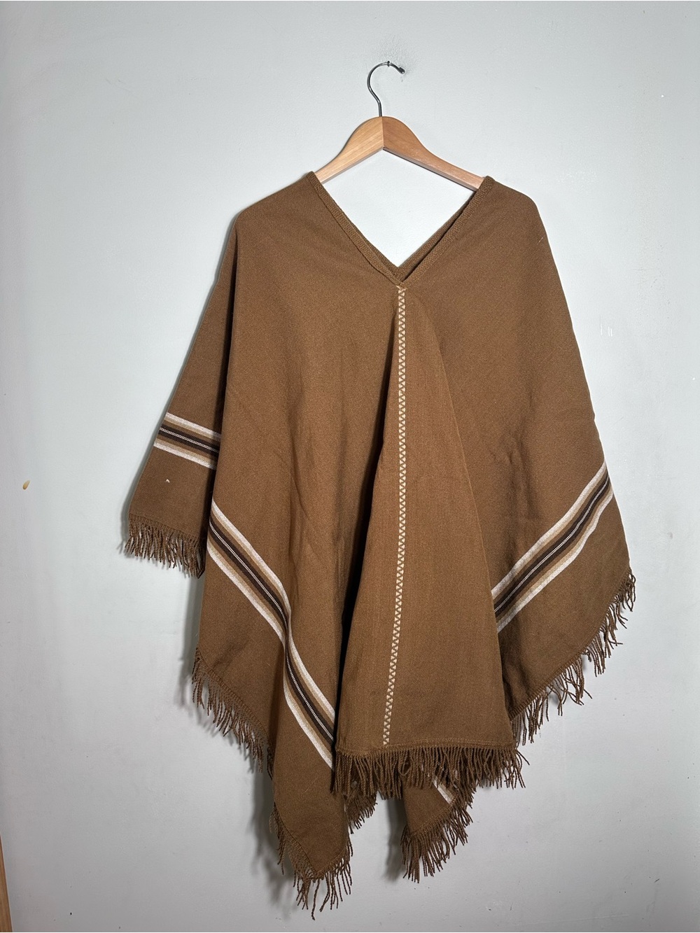 Brown Fringe Poncho Cape with Stripe Detail Boho Western Unisex